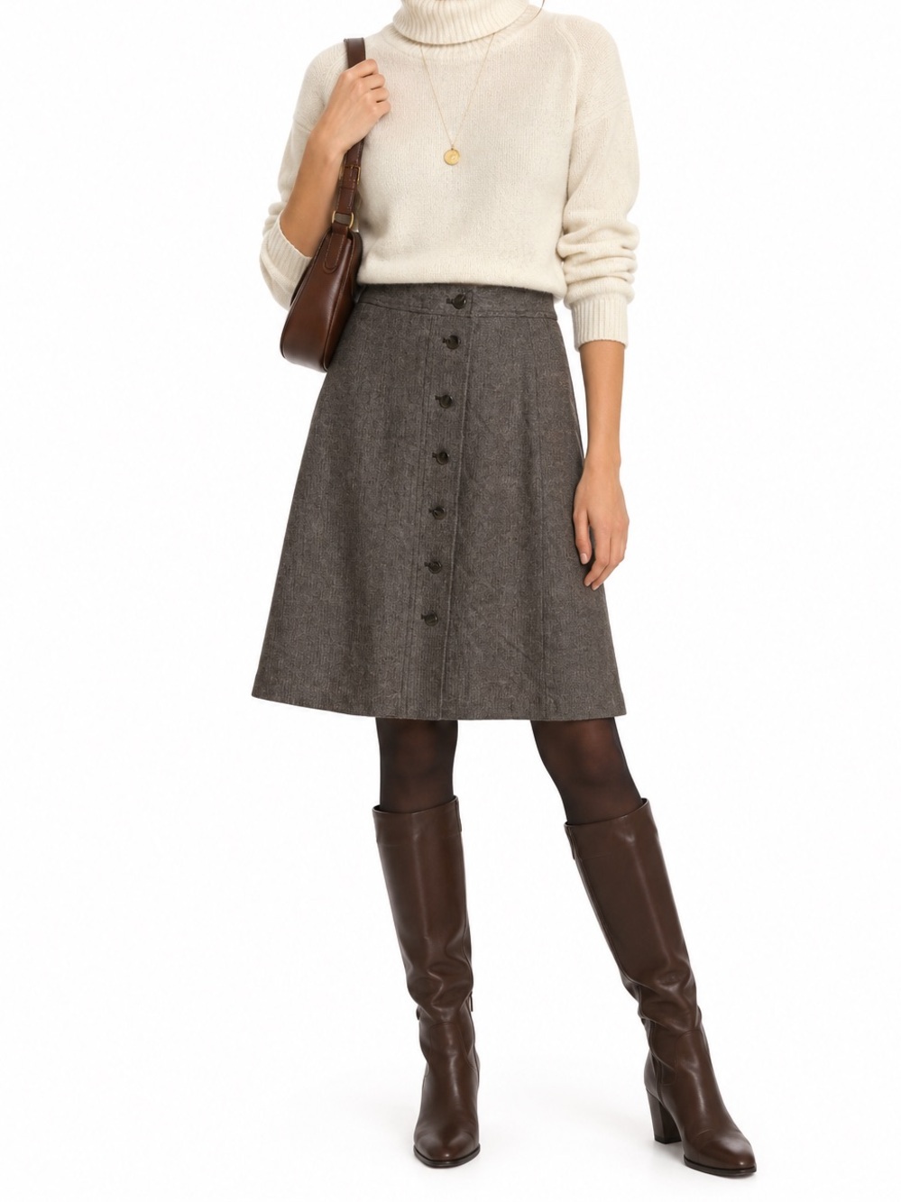 Talbots VTG brown herringbone wool blend button up placket Fall midi skirt 4